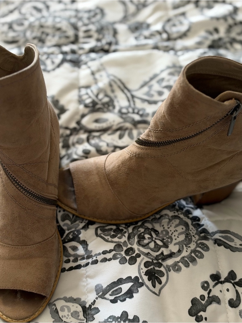 White Mountain Tan Faux Suede Peep-Toe Ankle Booties with Side Zipper